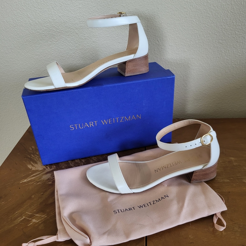 Stuart Weitzman White Nudist June Block Heel Sandals sz 8